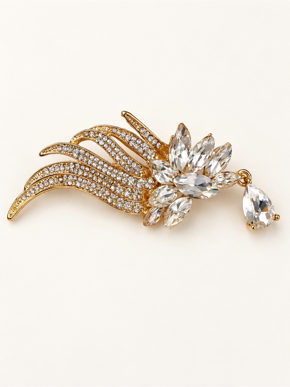 Gold-Tone Floral Spray Brooch with Clear Rhinestones & Drop Crystal
